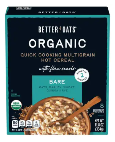 better oats organic quick cooking multigrain bare hot cereal with flax seeds, 8 pouches - expires Dec 2026