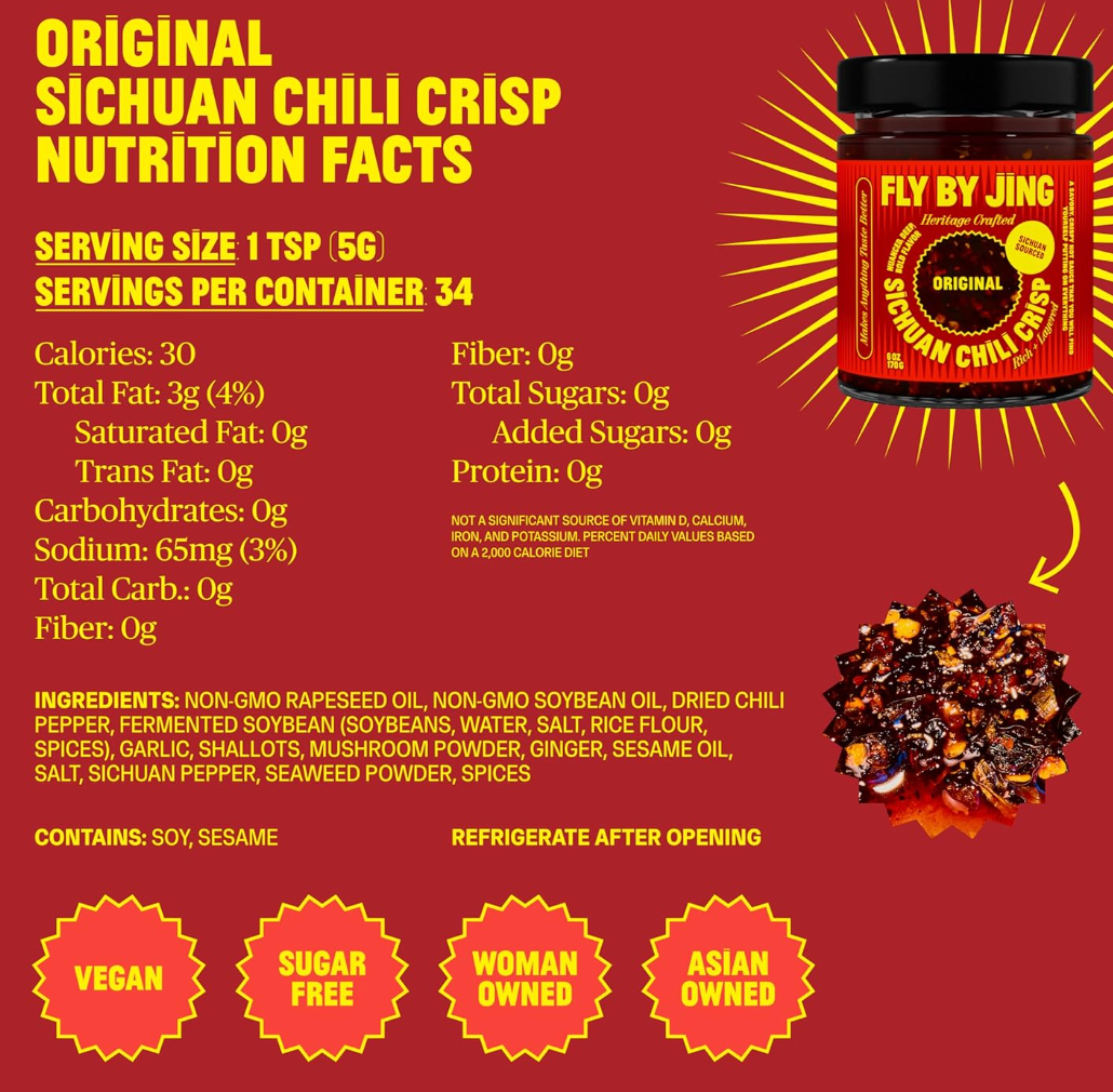 FLYBYJING Original Sichuan Chili Crisp: Premium Chili Oil w/Crunchy Garlic and Shallots - Spicy, Savory, Vegan, Sugar Free Hot Sauce - Good on Noodles, Proteins, Veggies & Everything, 6oz (Pack of 1) - expired 05/25/2026