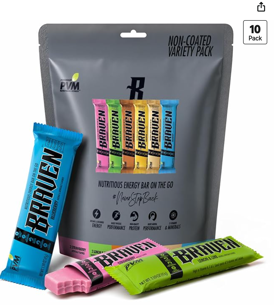 Braven Bar Assorted Energy Bars Variety Pack (1.59 oz, Pack of 10) – Performance Fuel On the Go – Soft & Chewy Candy-Like Texture – 13 Vitamins & Minerals – No Caffeine, No Crash – No Artificial Dyes – Gluten Free - expired Sept 02 2026