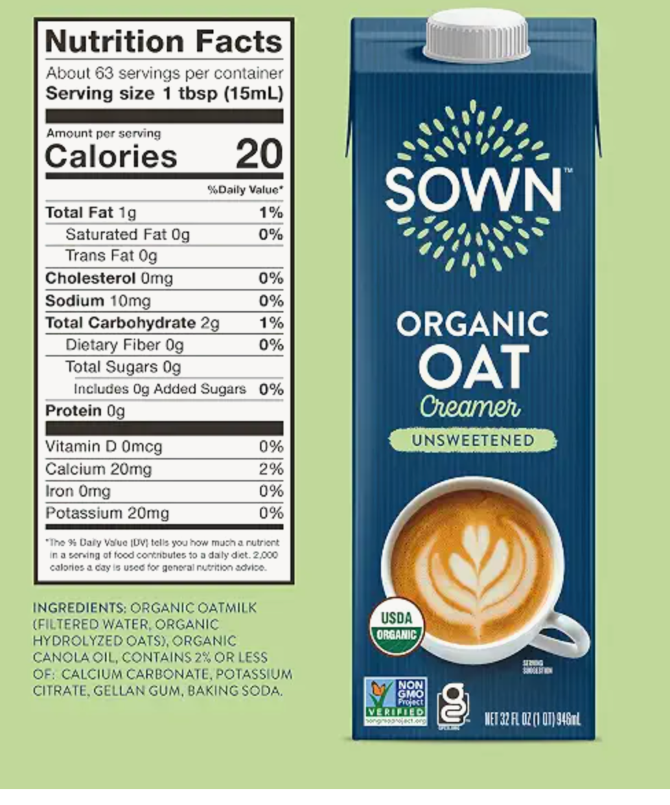SOWN Organic Oat Creamer Unsweetened - Barista Oat Milk Non Dairy Coffee Creamer - Plant Based, Dairy-Free, Vegan, 0g Added Sugar, Gluten-Free, Non-GMO, Shelf Stable - 32oz - expires Dec 22 2026