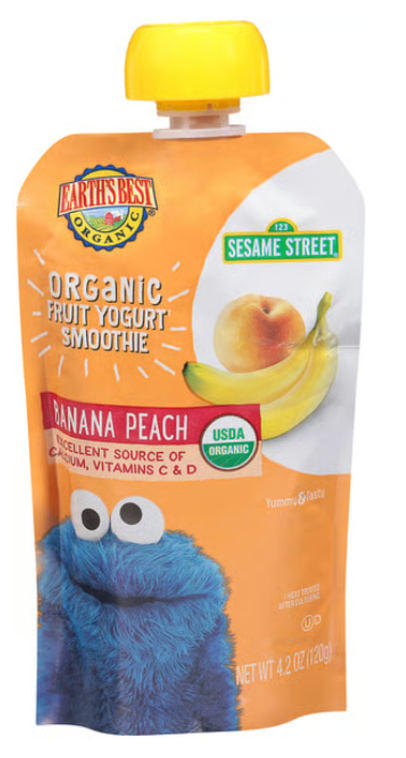 Earth's Best Sesame Street Organic Banana Peach Fruit Yogurt Smoothie Pouch (4.2 fl oz) - expires Feb 20 2027