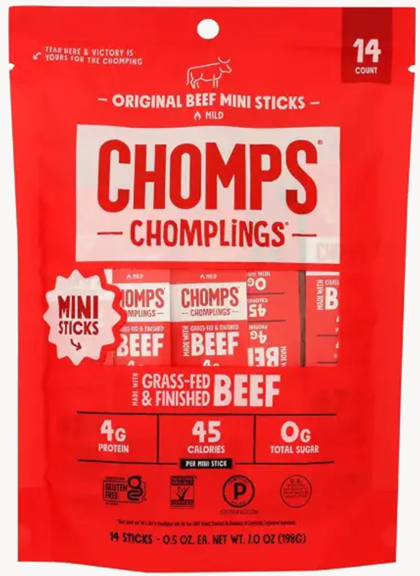 Chomps Original Beef Chomplings, Grass-Fed & Finished, 14ct, Protein Snack | Beef Jerky Sticks, Original Grass-Fed And Finished Beef Sticks With Zero Sugar, Certified Gluten Free, Keto Friendly, Whole30