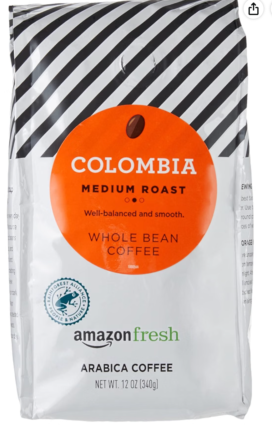 Amazon Fresh Colombia Whole Bean Coffee, Medium Roast, 12 Ounce - expires April 03 2027