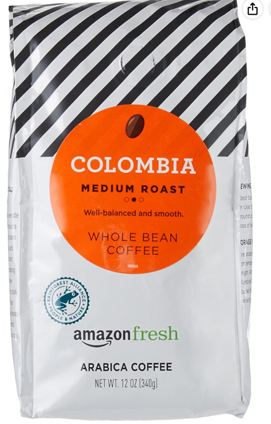 Amazon Fresh Colombia Whole Bean Coffee, Medium Roast, 12 Ounce - expires April 03 2027