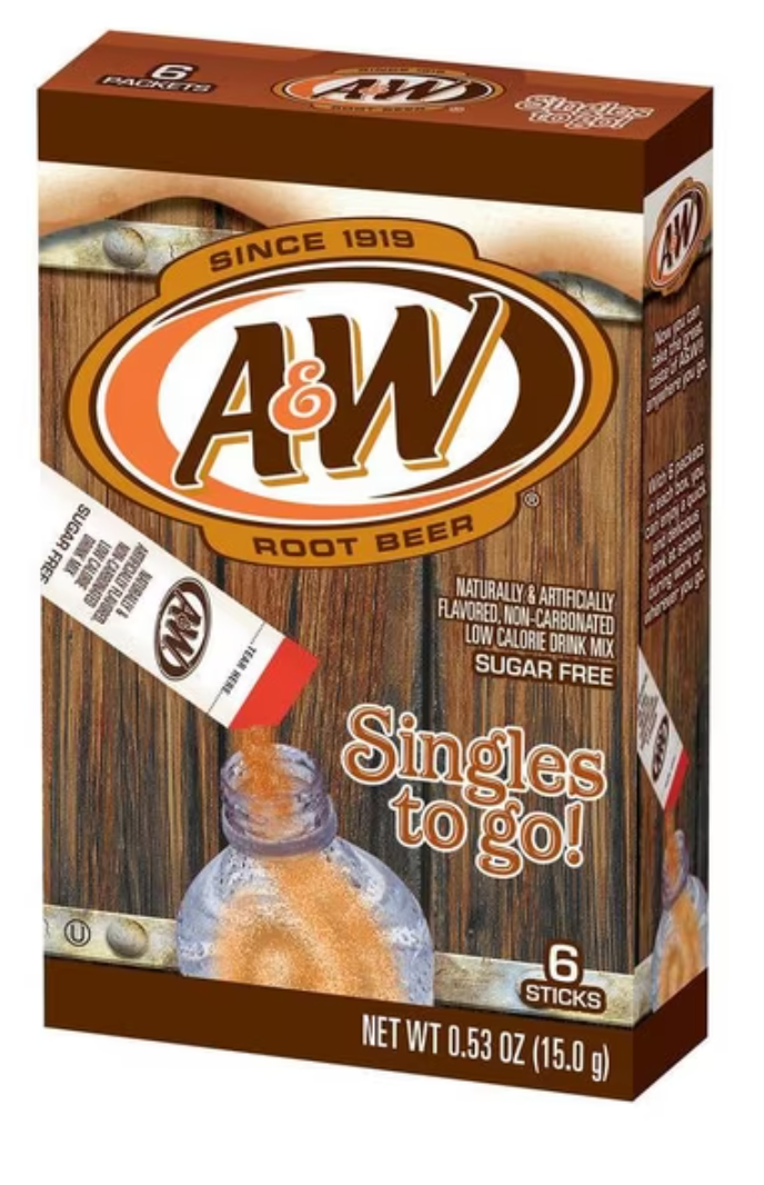 (6 Packets) A&W Root Beer Sugar Free, On-The-Go, Caffeine Free, Powdered Drink Mix