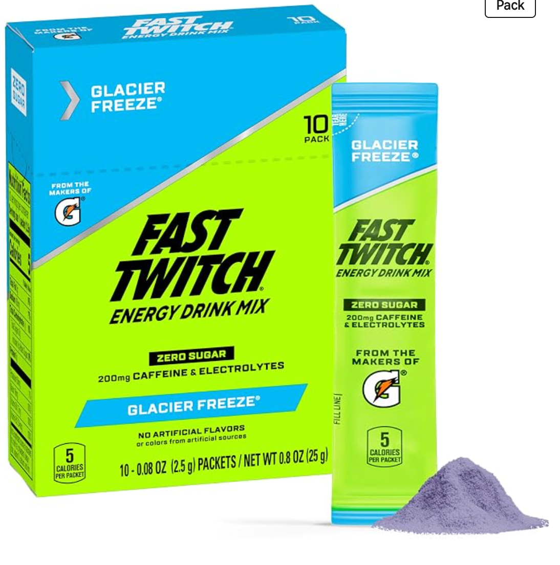 Fast Twitch Energy Drink Mix from Gatorade Powder Sticks, Glacier Freeze, 0.08oz Individual Packets,10 Pack, Zero Sugar, Caffeine, Electrolytes