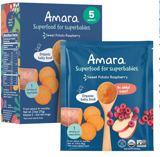 Amara Organic Baby Food - Stage 2 - Sweet Potato Raspberry - Baby Cereal to Mix W/Breastmilk, Water or Baby Formula - Shelf Stable Baby Food W/Organic Fruit and Veggies - 5 Pouches 3.5oz Per Serving - expires 05/19/2027