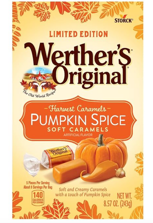 Werther's Original Harvest Pumpkin Spice Caramel Candies - Individually Wrapped Soft & Chewy Candy Pieces, Sweets for Parties or Holidays - 8.57 oz Bag (Pack of 1)