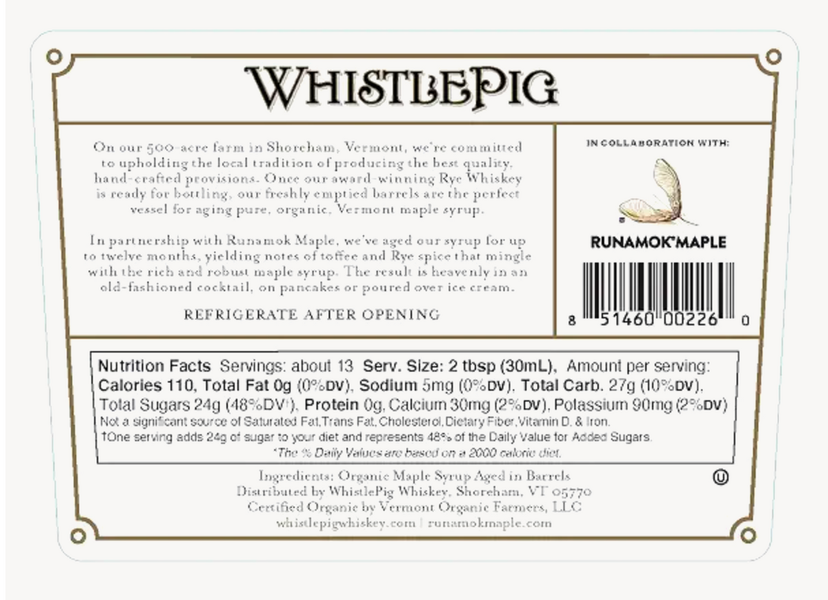WhistlePig Rye colaboration with Runamok Maple - Whiskey Barrel-aged Maple Syrup 12.7 Fl Oz (375mL)