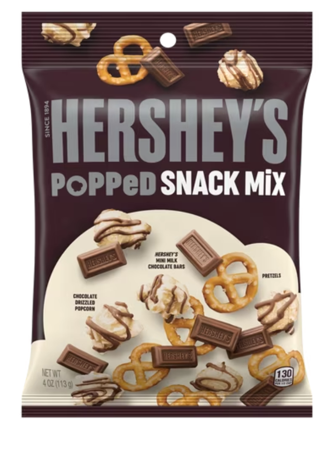 HERSHEY'S Milk Chocolate, Popcorn and Pretzel Popped Snack Mix Bag, 4 oz