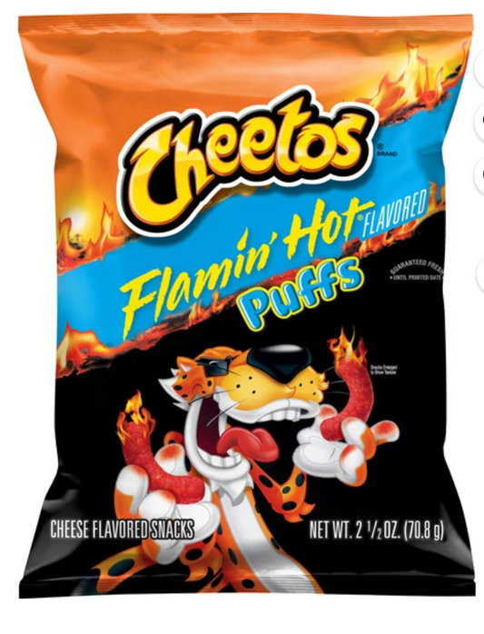 Cheetos Puffs Cheese Flavored Snacks Flamin' Hot Flavored, 2.5 oz Bag - expired July 14 2026