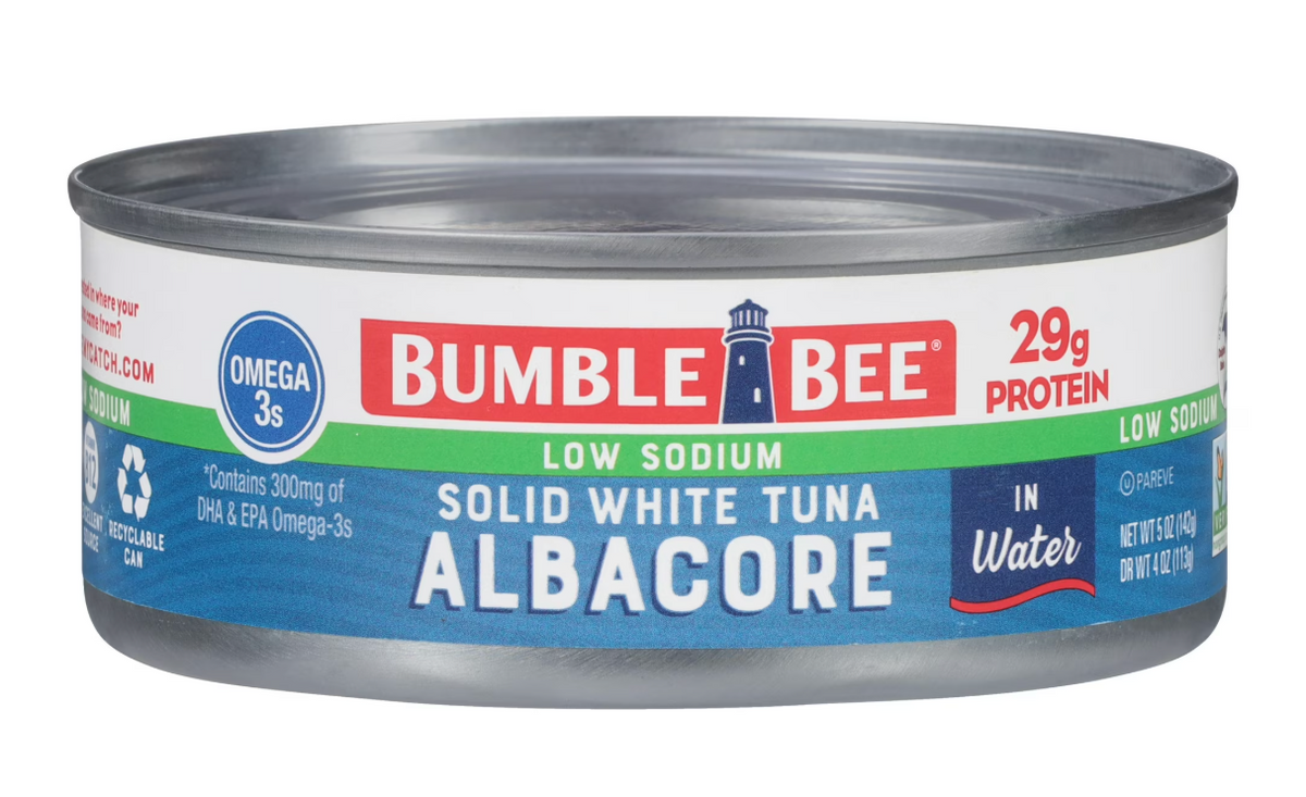 Bumble Bee Low Sodium Solid White Albacore in Water, Wild Caught, Gluten Free, 29g Protein per Serving, Shelf Stable Can, 5oz
