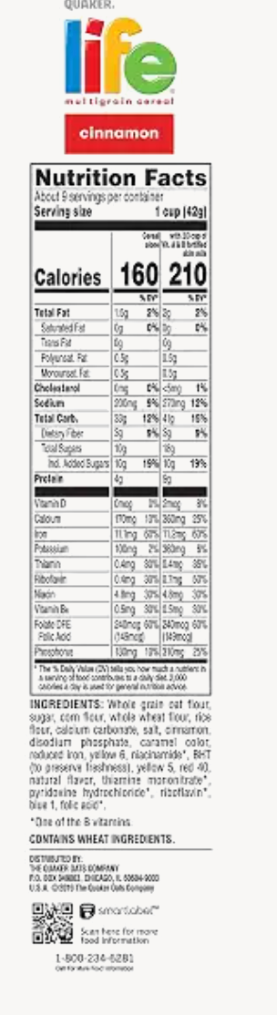 Life Cereal Quaker , cinnamon, 13 Ounce - expired March 27 2026