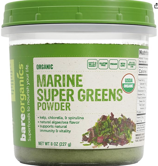 BareOrganics Marine Super Greens Powder | USDA Organic, Gluten-Free, Vegan, Non-GMO, BPA-Free | Kelp, Chlorella, Spirulina, 8oz - Expired 05/2025