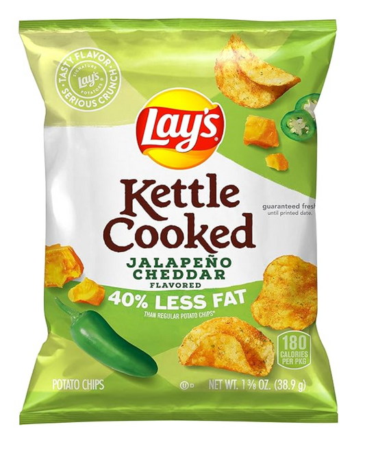 Lay's Kettle Cooked Potato Chips, 40% Less Fat Jalapeño Cheddar, 1.375 Ounce - Expires July 15 2025