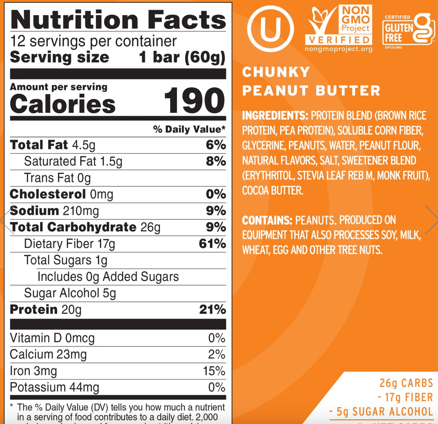 No Cow Chunky Peanut Butter Protein Bar - Expires Sept 18 2026