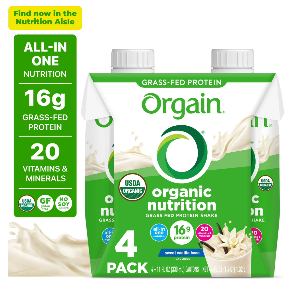 Orgain Organic Nutritional 16g Grass Fed Protein Shake Drink, Vanilla Bean 11oz, 4ct - Expired July 31 2025