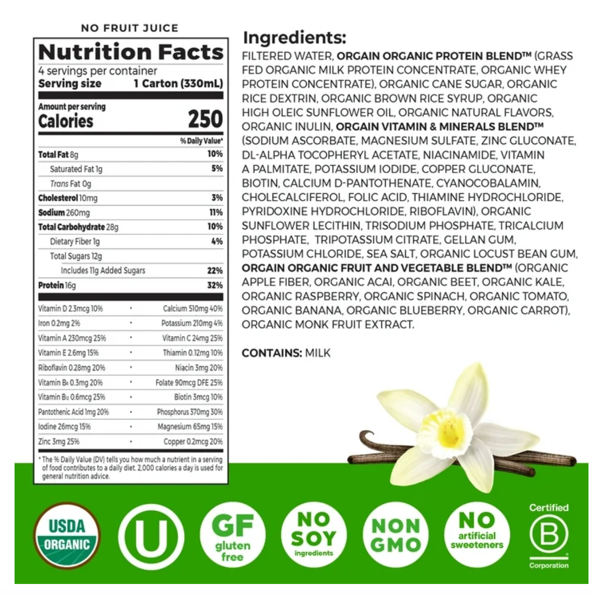 Orgain Organic Nutritional 16g Grass Fed Protein Shake Drink, Vanilla Bean 11oz, 4ct - Expired July 31 2025
