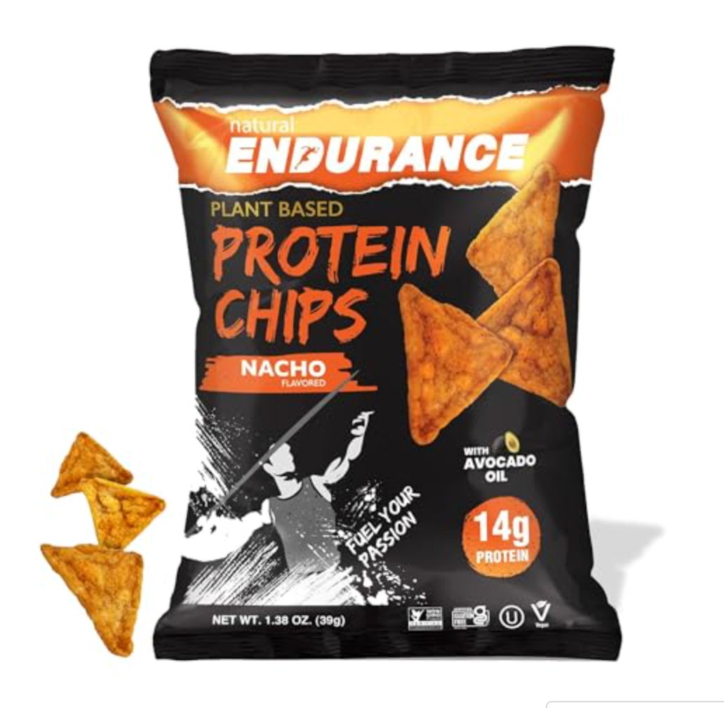 Natural Endurance Protein Chips - Nacho Chips, Low Carb Chips, High Protein Snack, Vegan Protein with Avocado Oil, 14g Protein Per Bag, Gluten Free - Nacho Flavor, 1.38 oz Bags - expires Jan 2027
